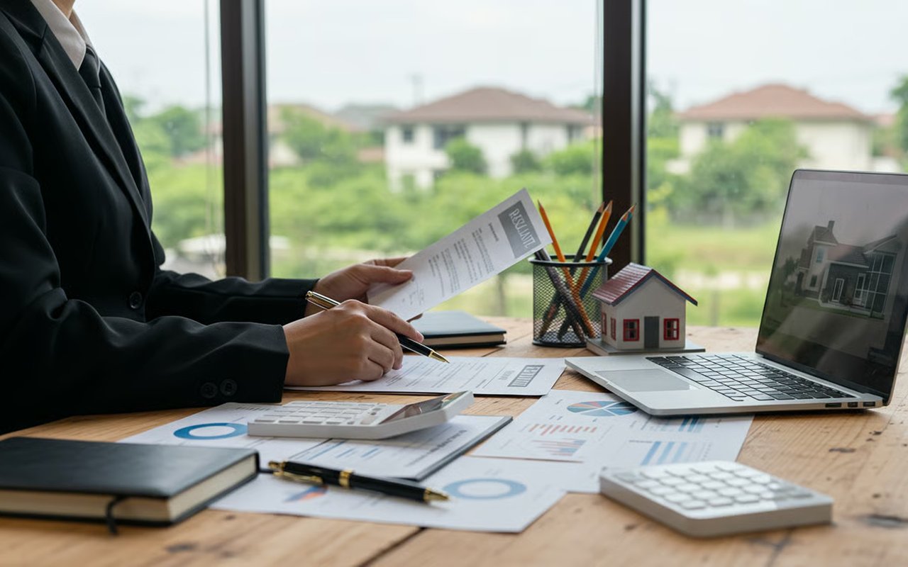 Real estate professional reviewing a report beside market charts, a calculator, and a model house.