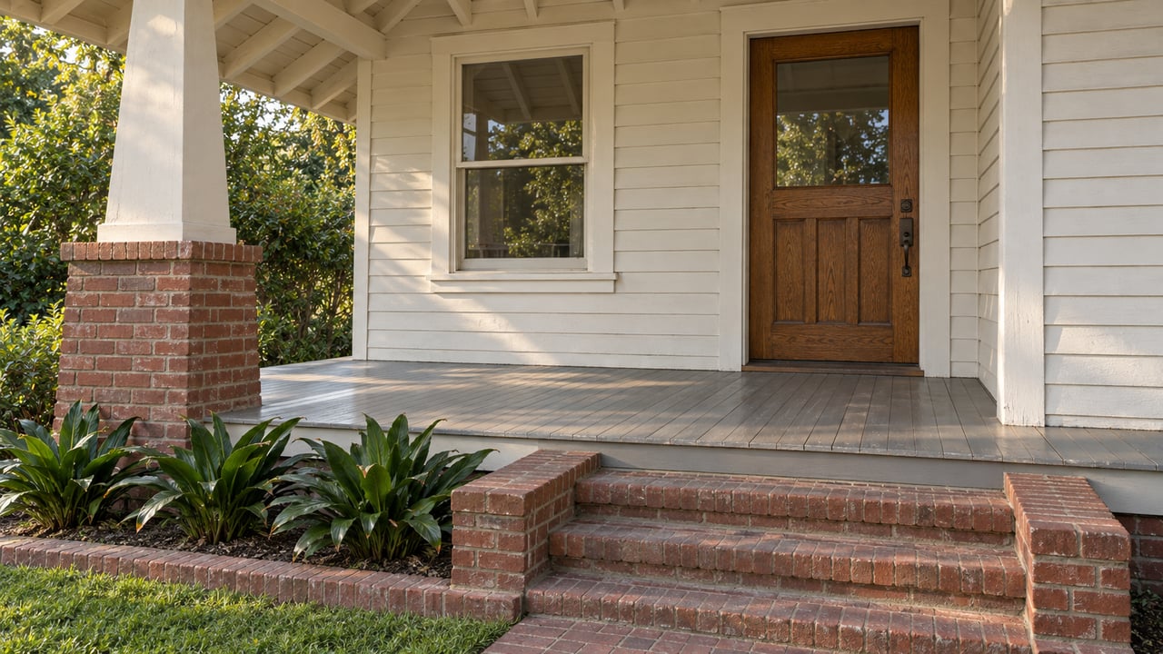 A covered porch with an oak entry door, off-white clapboard, gray floorboards and weathered brick steps beside dark green cast-iron plants.