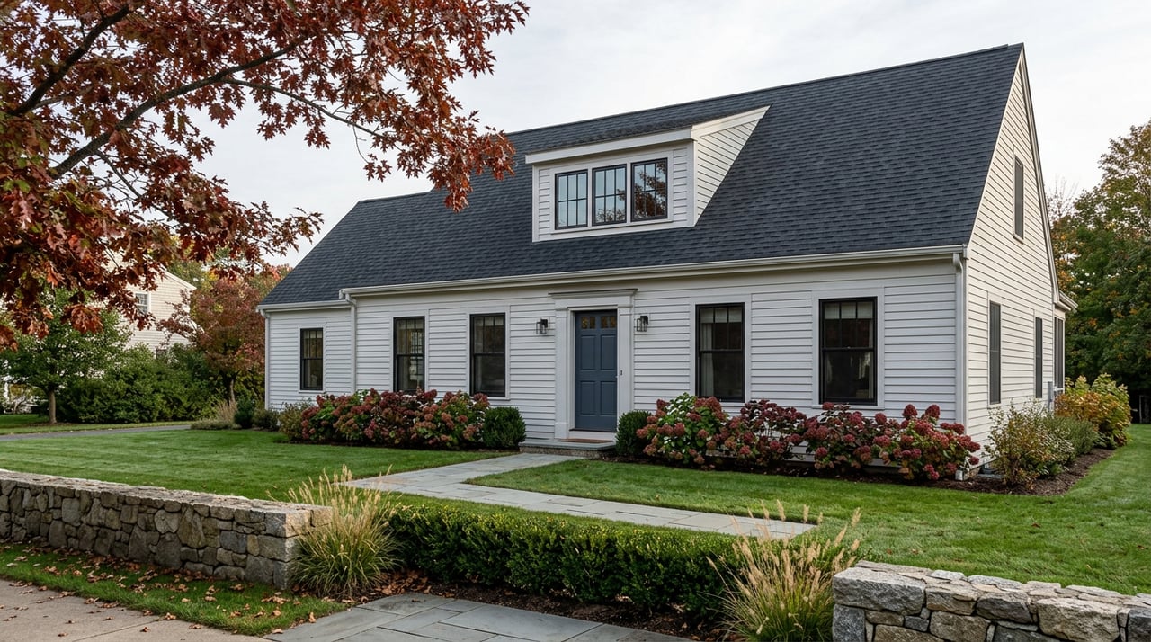 Dove-white clapboard home with a slate-blue door, red-bronze oak canopy, and bluestone path across a deep lawn.