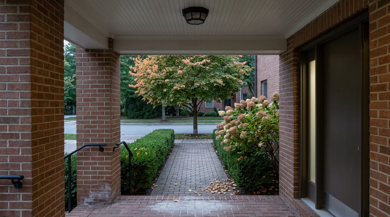 Brick townhome entrance frames herringbone paver path, clipped boxwood, blooming hydrangea, and leaf-strewn threshold.
