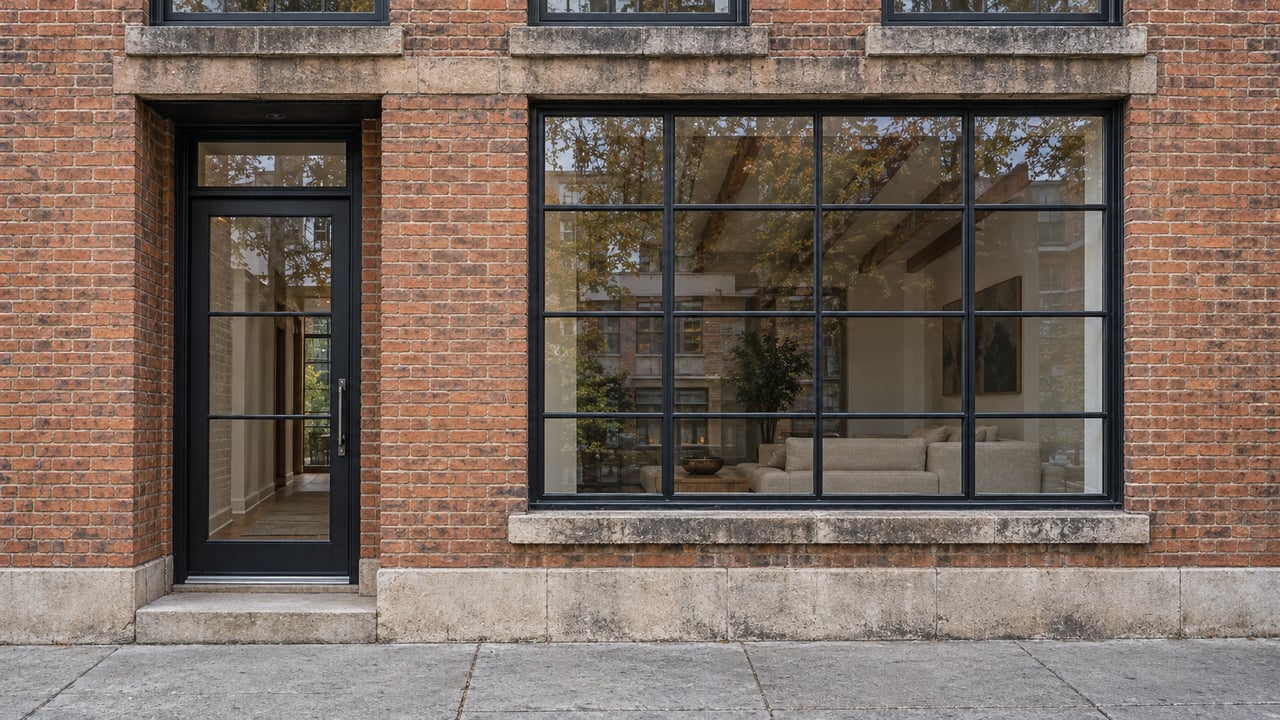 Weathered brick residential facade with a recessed glazed entrance, limestone base and large steel-framed window revealing an enclosed loft living room.