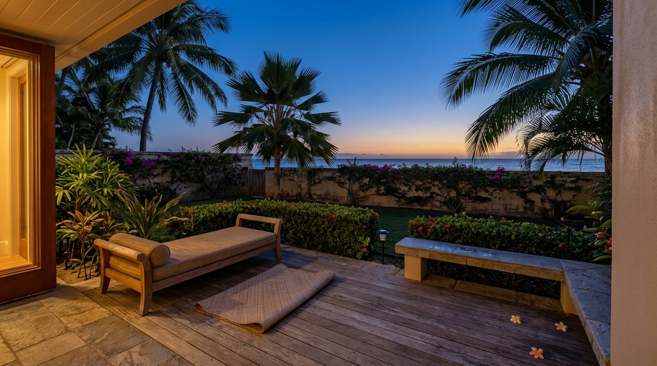 Lanai overlooks palms, a low stone wall, teak daybed, and water at dusk.