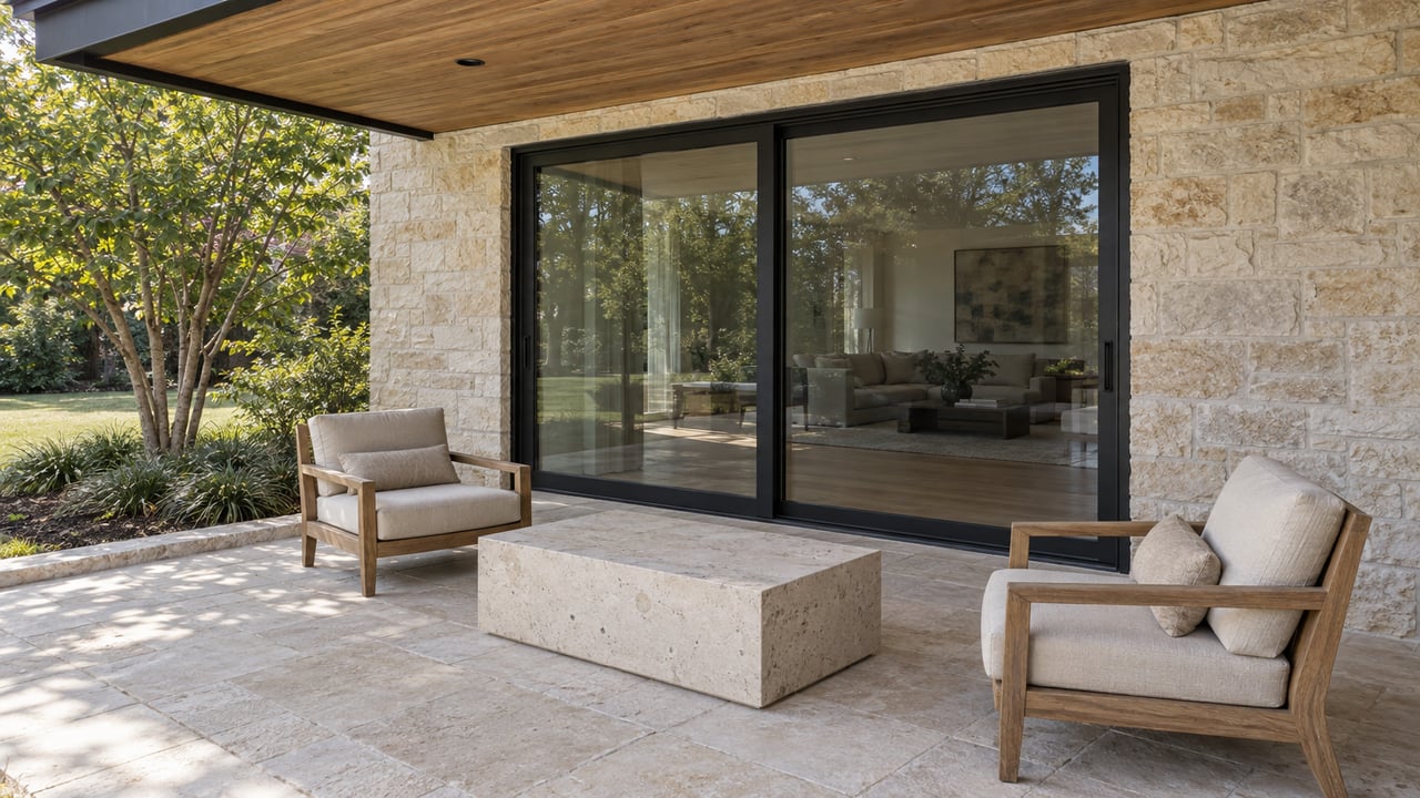 Covered limestone patio with weathered teak seating, cedar ceiling and black-framed glass doors beside a small redbud tree.