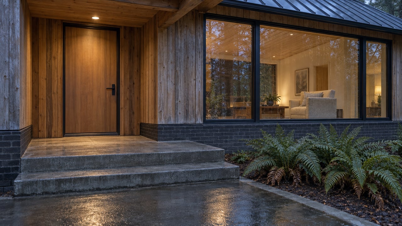 Cedar-clad house entry at blue hour, with warm light behind broad windows, damp concrete steps and sword ferns.