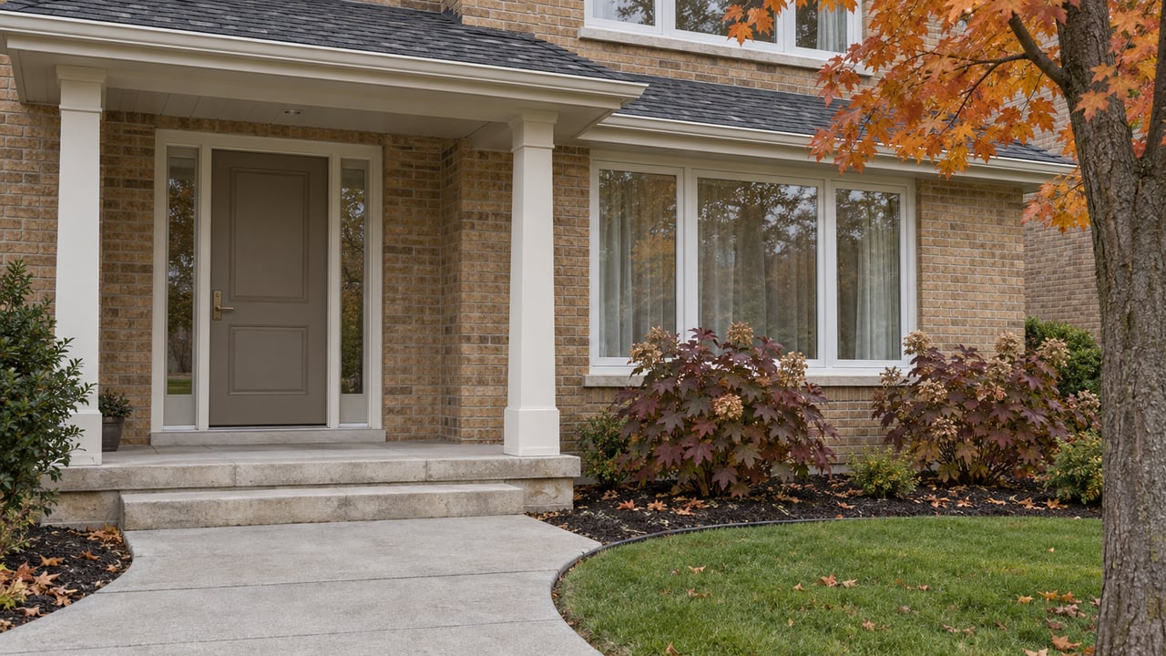 Buff-brick home entry with limestone steps, taupe door, autumn maple leaves and burgundy oakleaf hydrangeas.