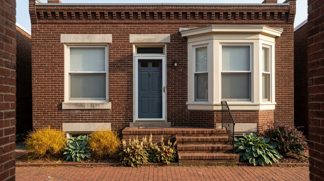 Red-brown brick rowhome with a blue-gray door, bay window, brick stoop, and autumn planting.