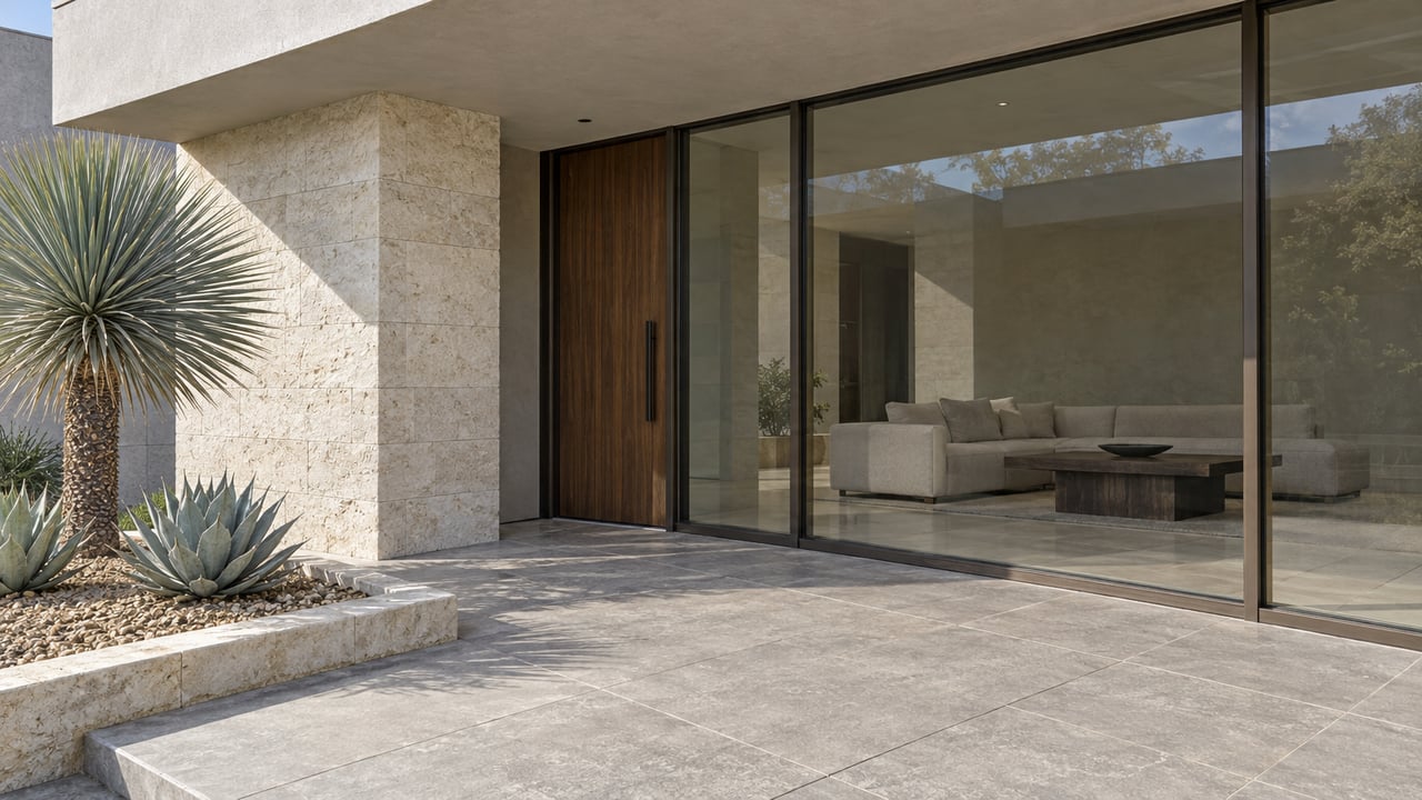 Modern covered entry terrace with limestone, walnut, closed glass walls and sculptural desert planting.