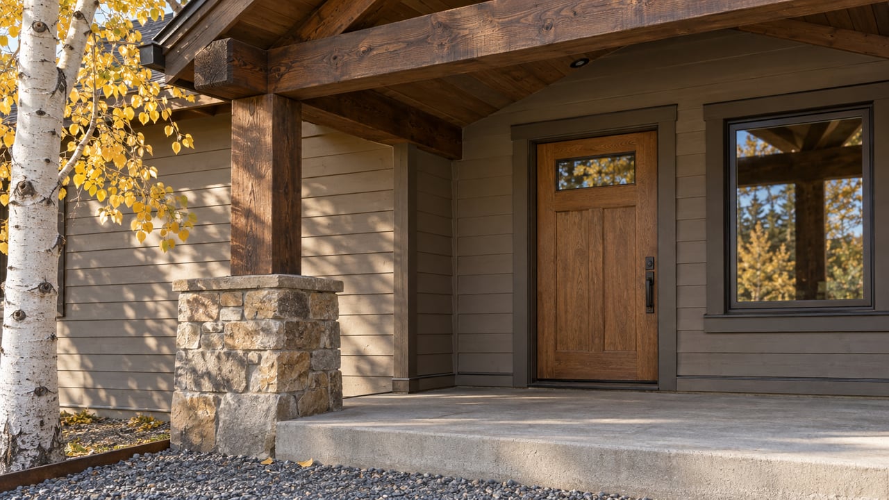 Covered home entry with checked timber beams, sandstone porch support, a closed oak door and golden aspen leaves.