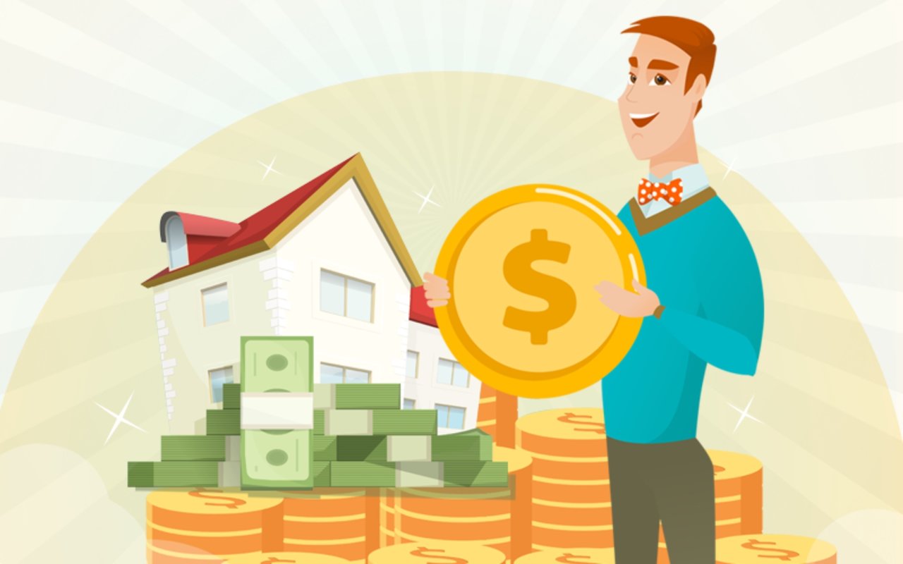 Man holding a large dollar coin beside a house and stacks of savings.