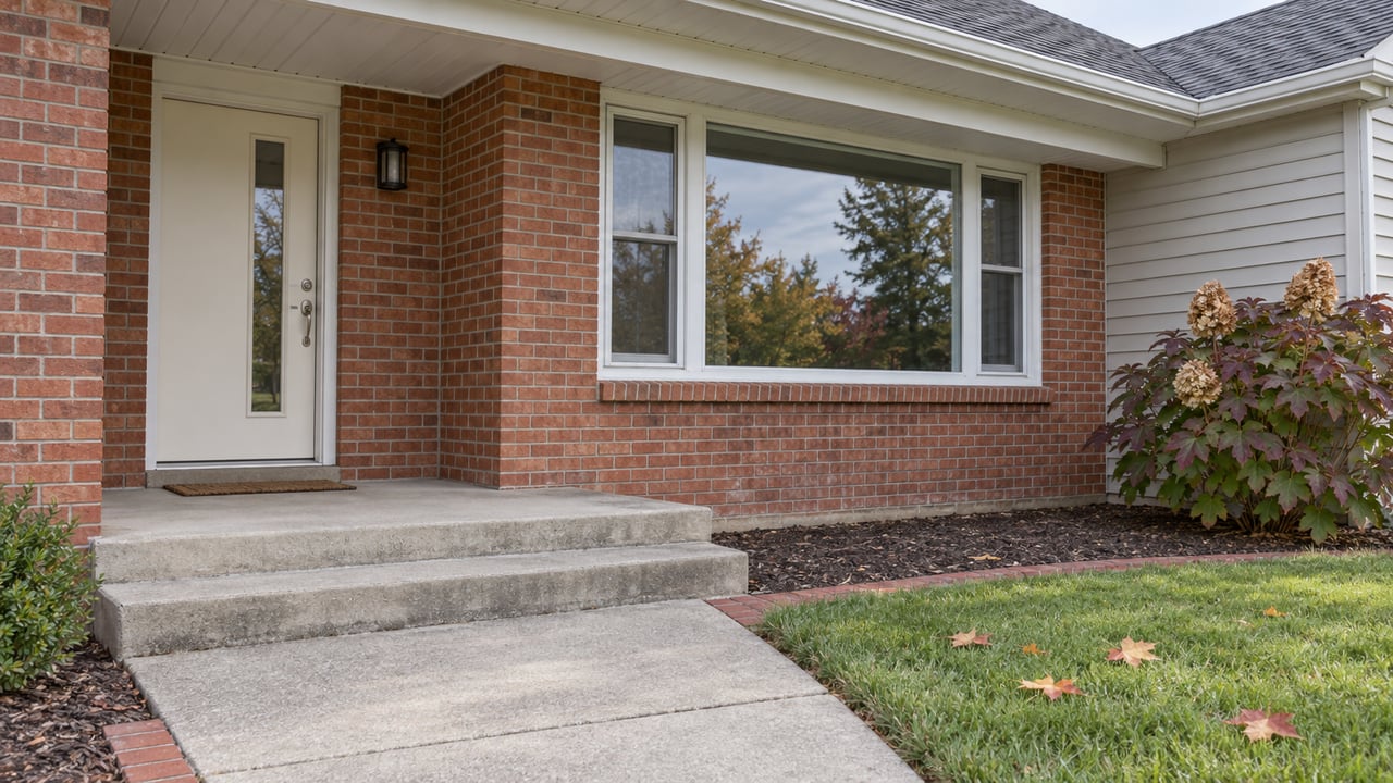 Sheltered brick home entrance with concrete steps, a wide window and oakleaf hydrangea showing early autumn color.