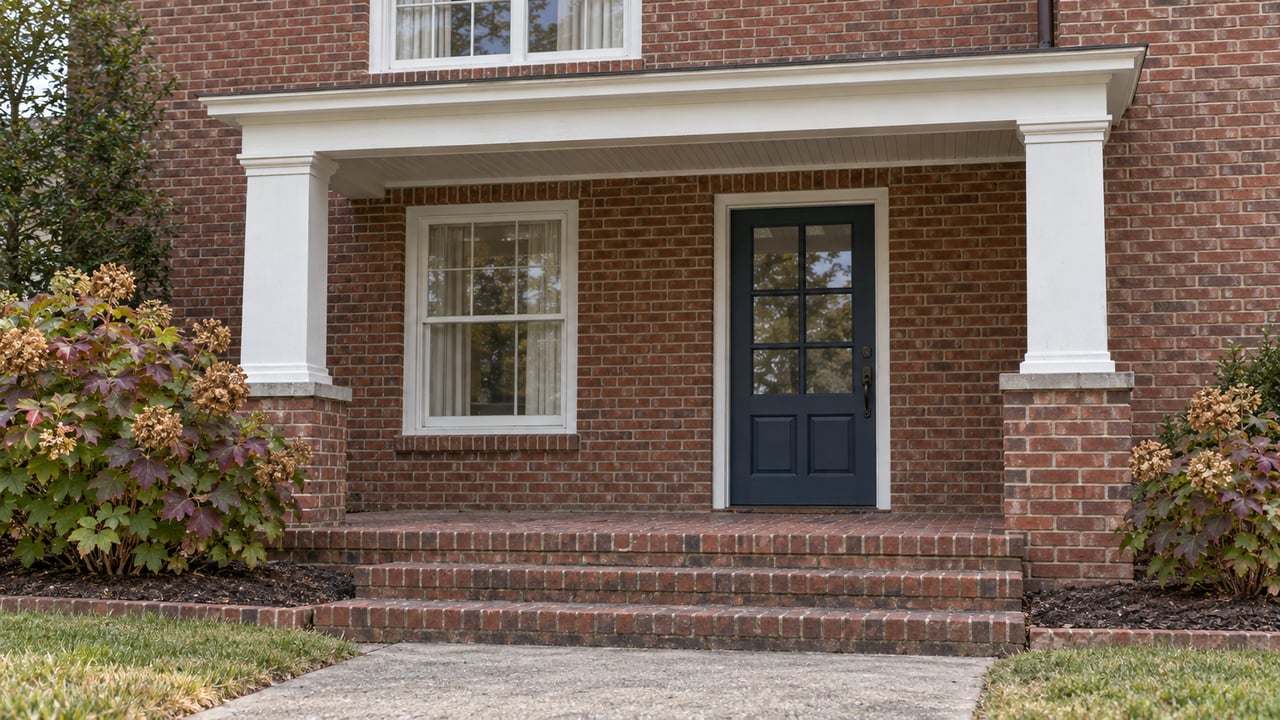 Brick home entrance with white porch columns, a blue glazed door, brick steps and oakleaf hydrangeas with autumn foliage.