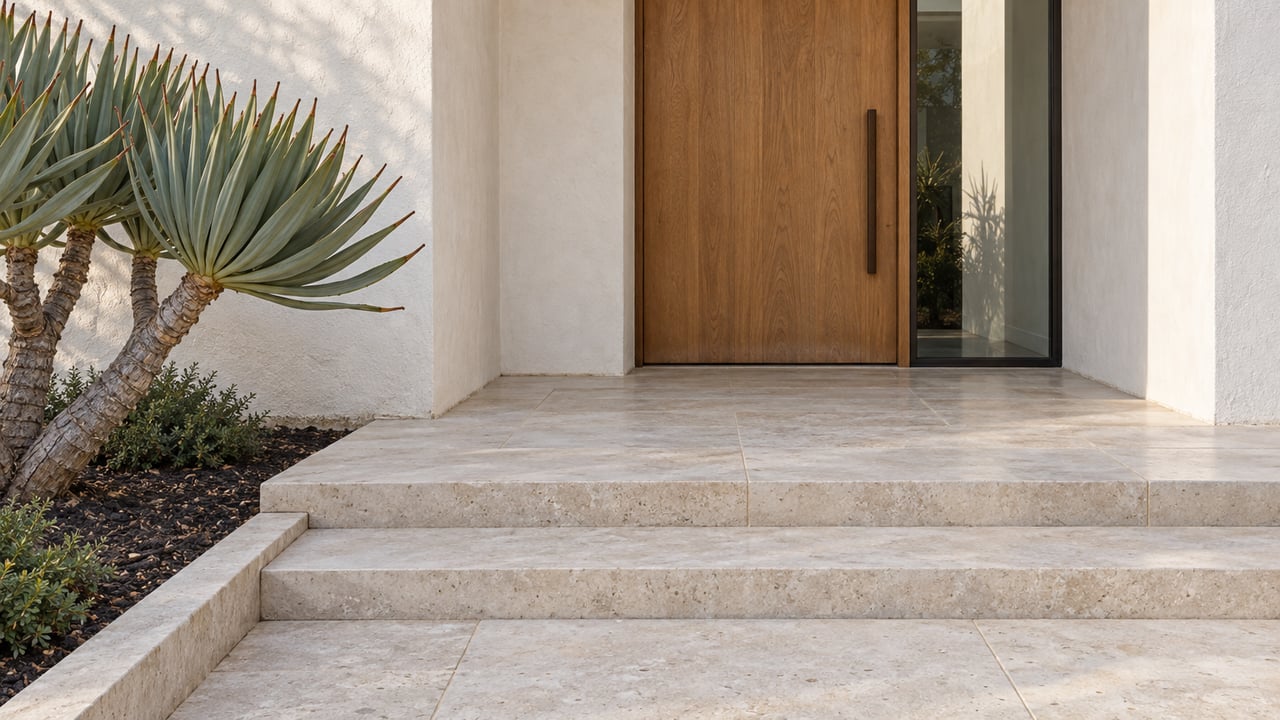 Sunlit oak front door and glazed sidelight set in white stucco above limestone steps, beside a sculptural fan aloe.