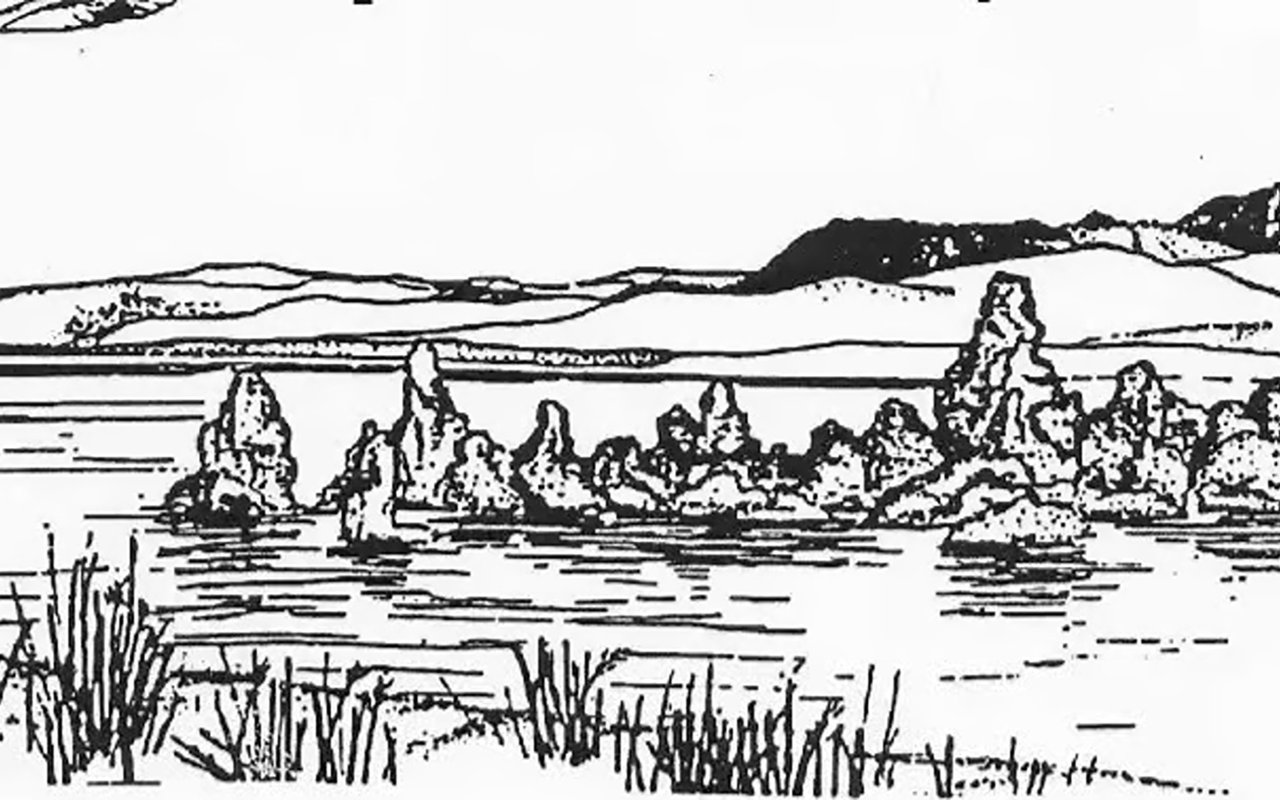 Tufa towers rise from a lake, with reeds in the foreground and hills beyond.