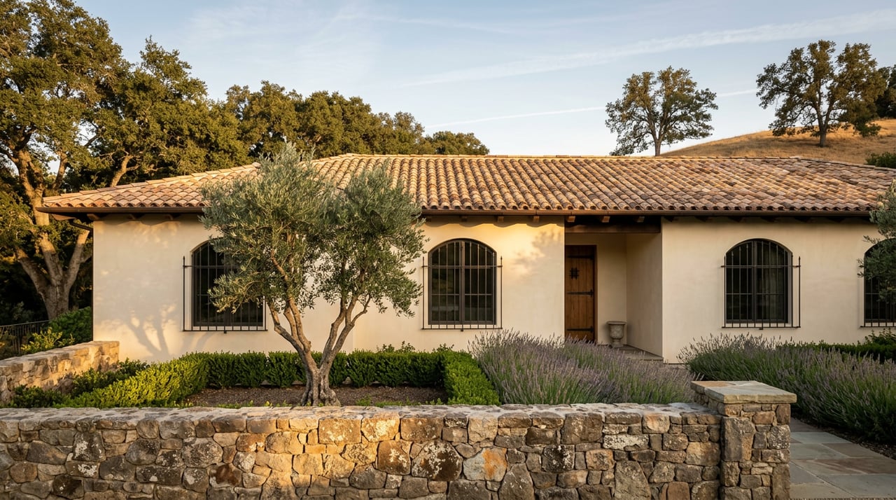 Cream stucco estate with terracotta roof behind a stone wall, shaded by an olive tree and oak canopy.