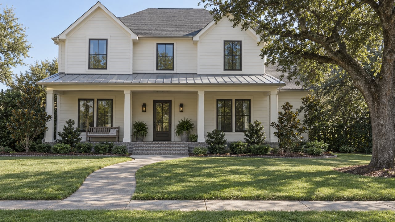Light-sided gabled home with a covered brick porch, broad front lawn, curved concrete approach and mature live oak.