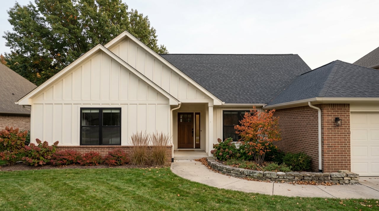 Suburban home with an off-white gable, brick garage, curved walkway, and red-orange autumn foliage.