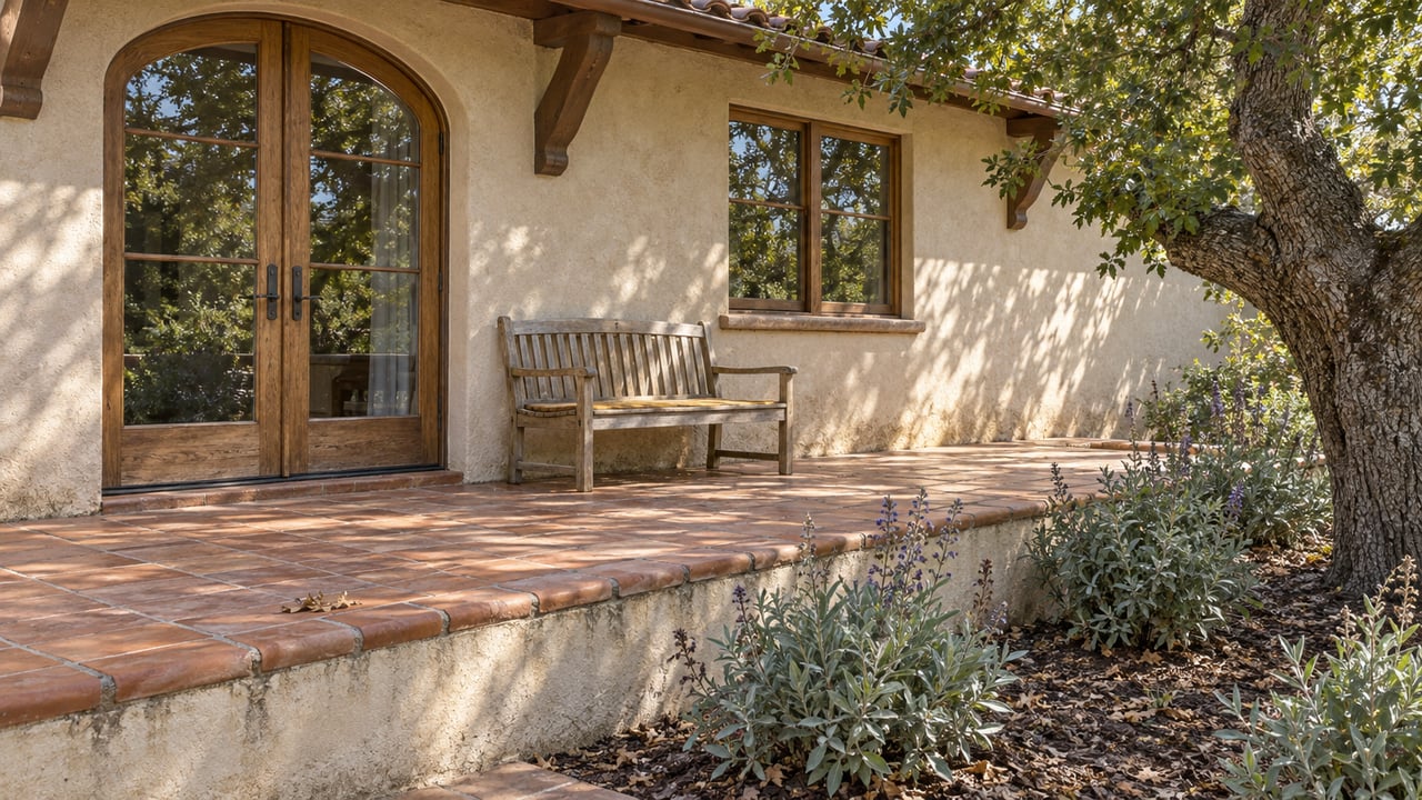 Sunlit terracotta terrace beside a beige stucco home, with glazed oak doors, a weathered teak bench and an oak-shaded garden.