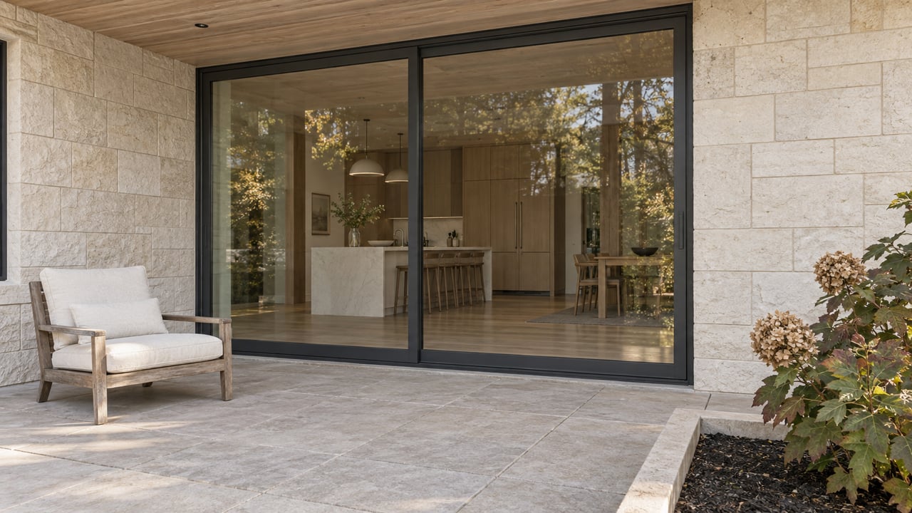Covered limestone terrace with a teak lounge chair, closed glass doors overlooking an oak kitchen, and an oakleaf hydrangea in a raised stone bed.