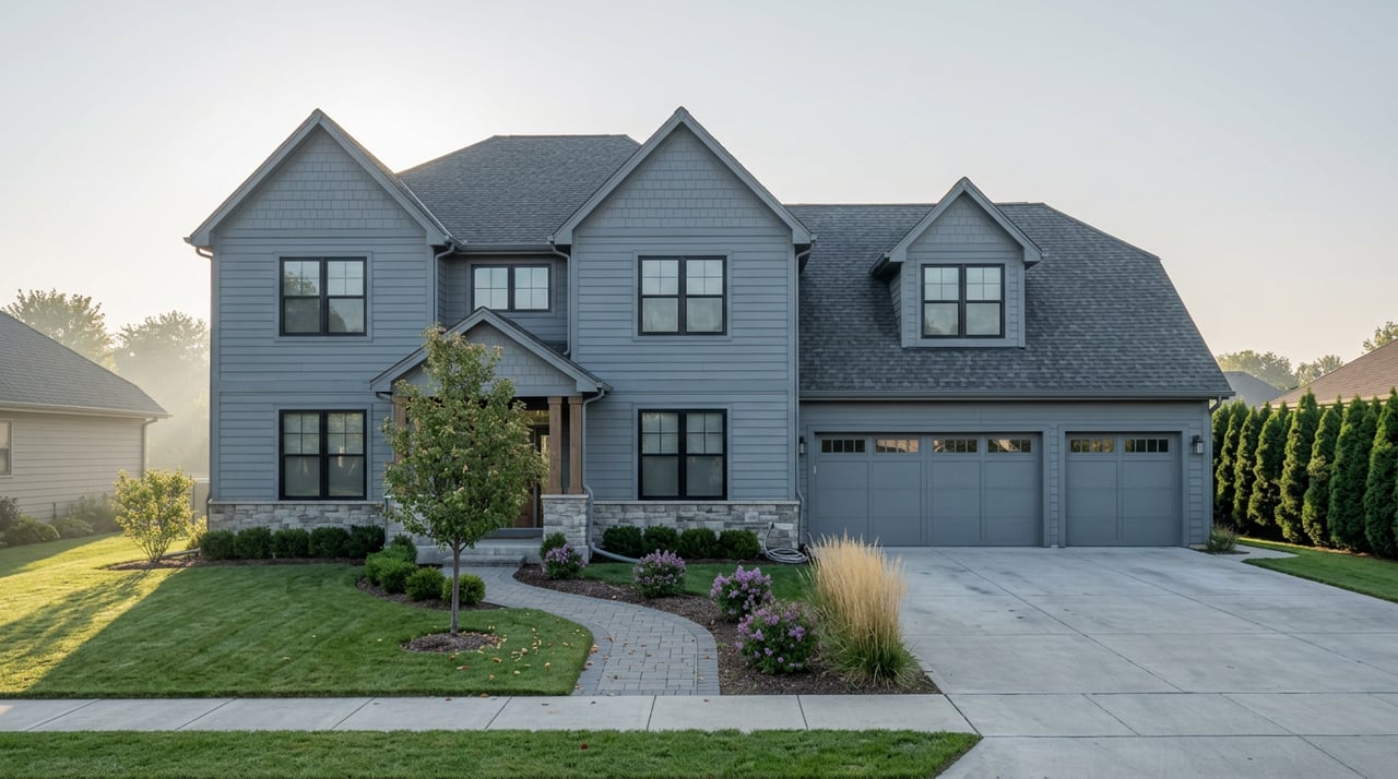Two-story gray-blue suburban home with a three-car garage, broad driveway, young lawn, and gabled roof with dormers.