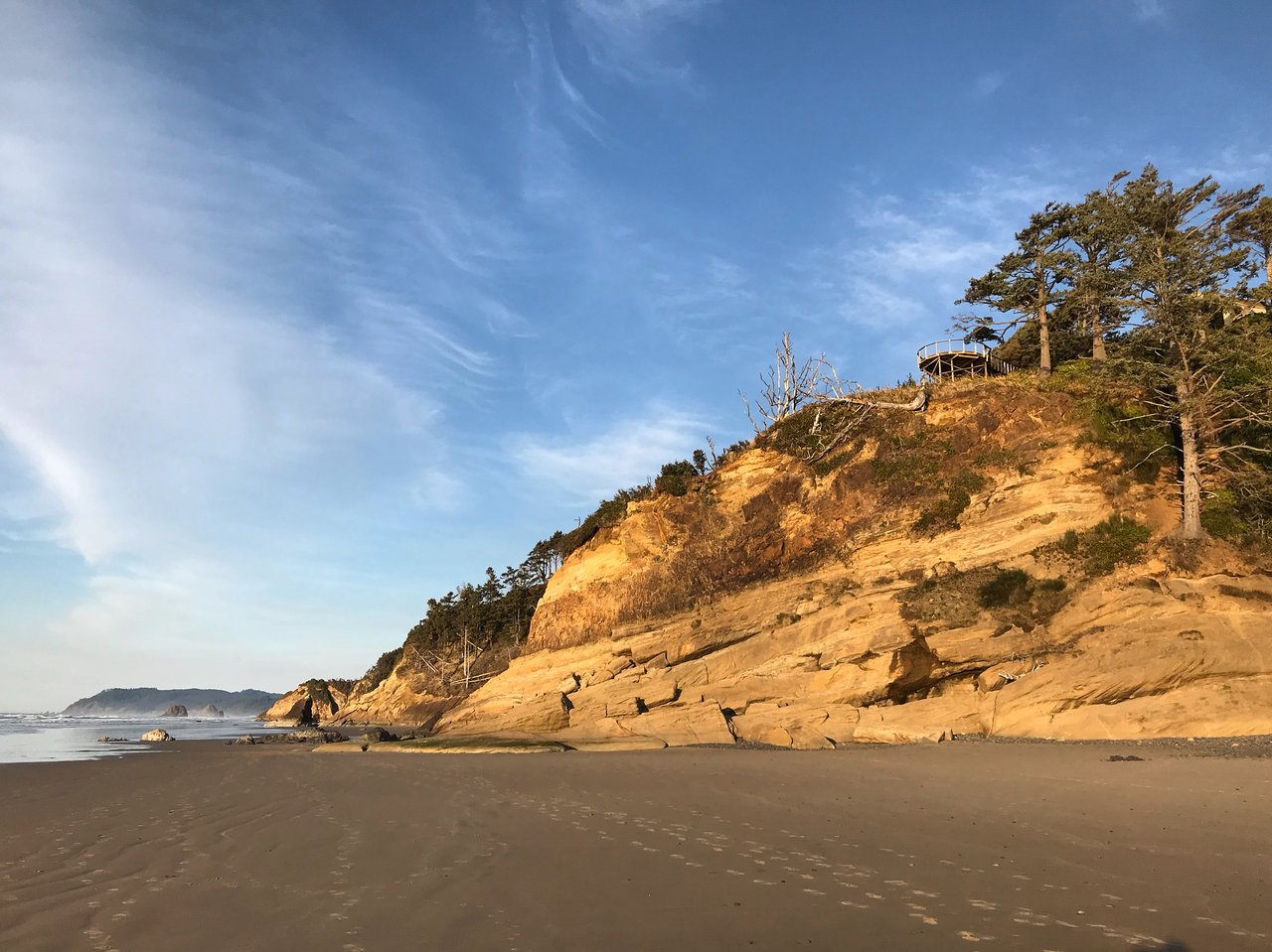 Sandy beach below a sunlit sandstone cliff topped with coastal trees and a lookout platform.