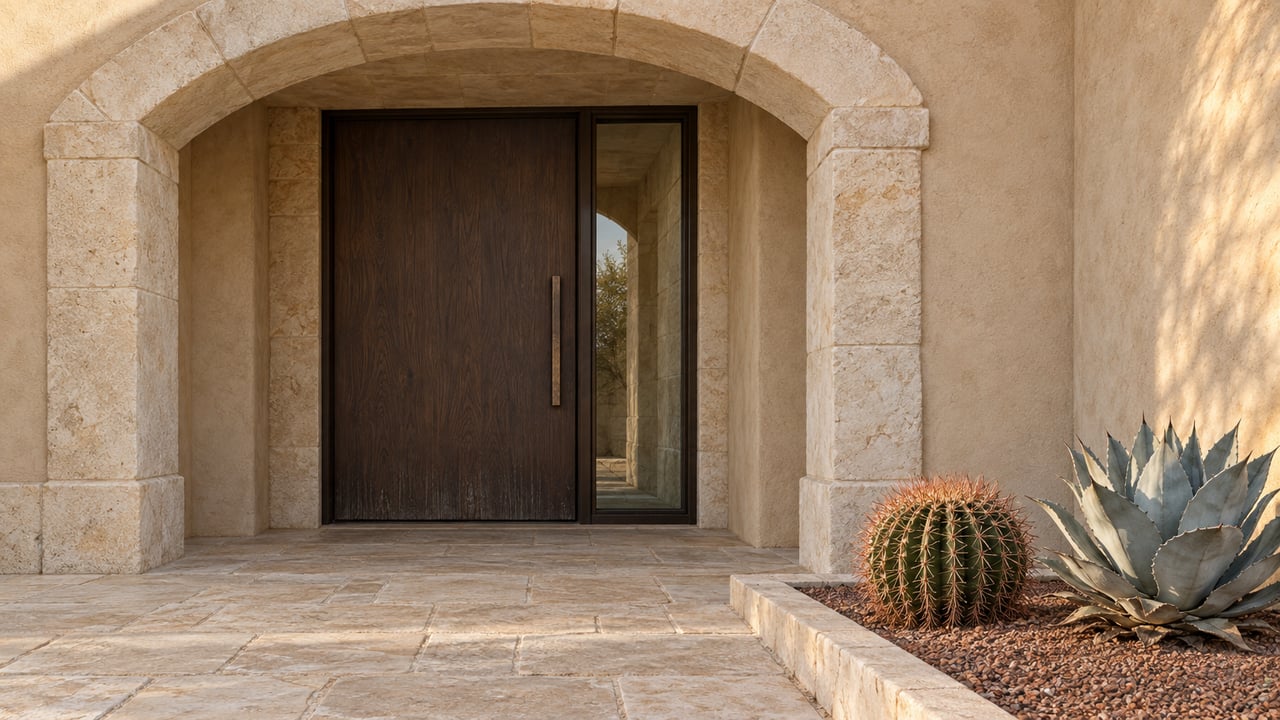 A limestone-arched residential entry with a dark oak door, sand stucco, and a cactus and agave in a raised stone-bordered planting pocket.
