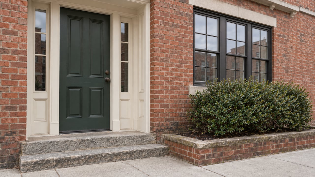 Red-brick house frontage with a deep-green door, glazed sidelights, multi-pane window, and raised planting pocket.