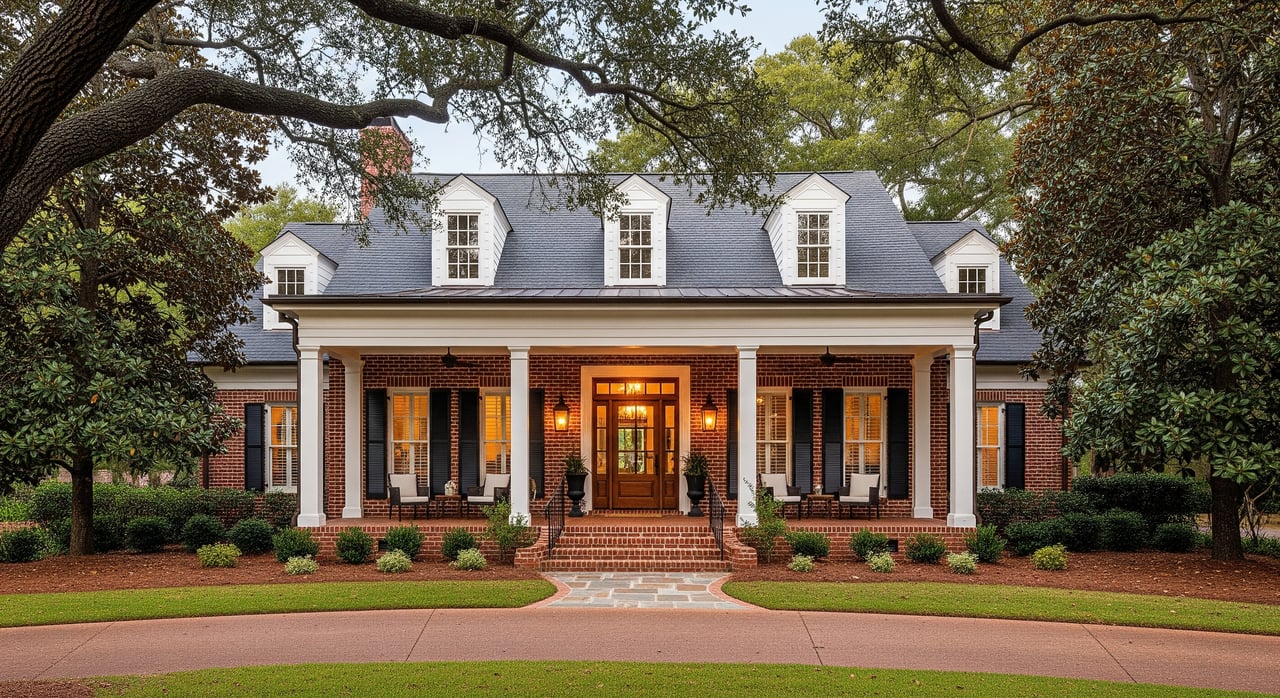 Brick Southern-style home with white columns, a gray dormered roof, and a curved brick walkway.