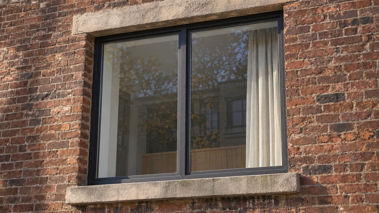 Morning light grazes aged russet brick and a limestone-framed condominium window with charcoal steel glazing and a linen curtain.