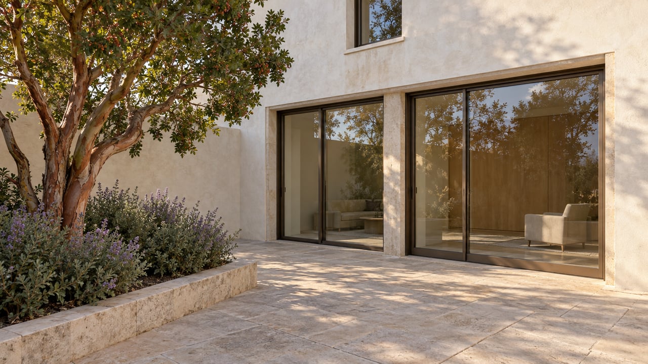 Closed bronze-framed glass doors in an ivory stucco courtyard, beside a strawberry tree and limestone paving.