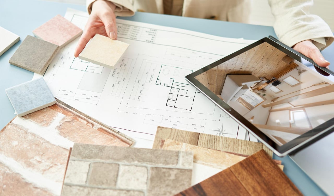 Hands compare flooring and tile samples over a home floor plan beside a tablet showing an interior.