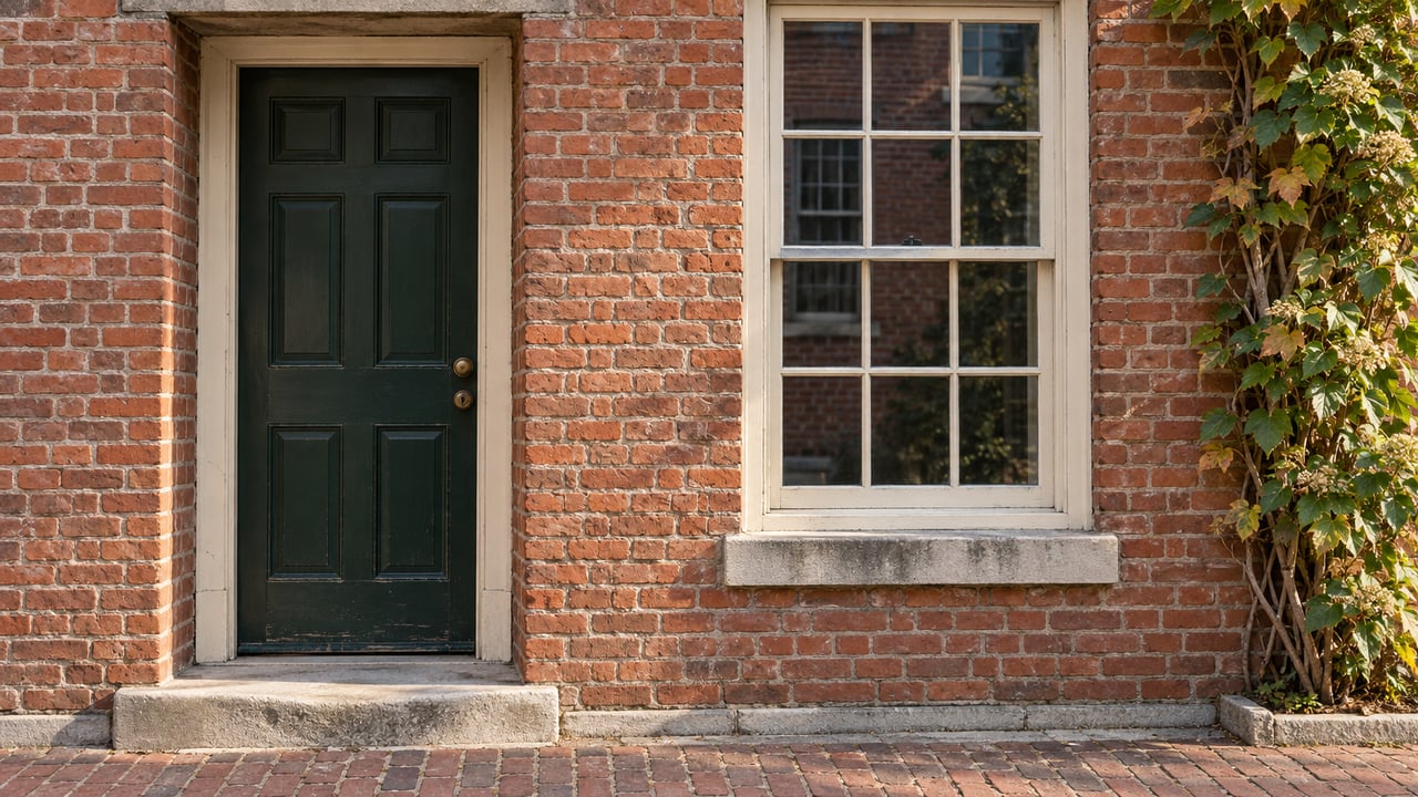 Close view of a green paneled residential door, cream sash window, weathered brickwork and worn limestone doorstep.