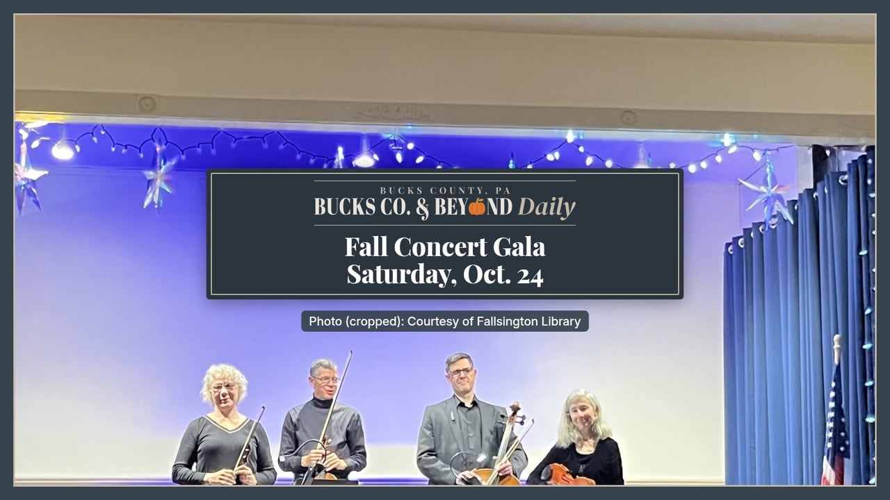 Bucks Co. & Beyond Daily: Fall Concert Gala, Saturday, Oct. 24. The four musicians of the Fiddlehead String Quartet with their violins, viola and cello take a bow on a stage framed by blue curtains and string lights, as the audience applauds.