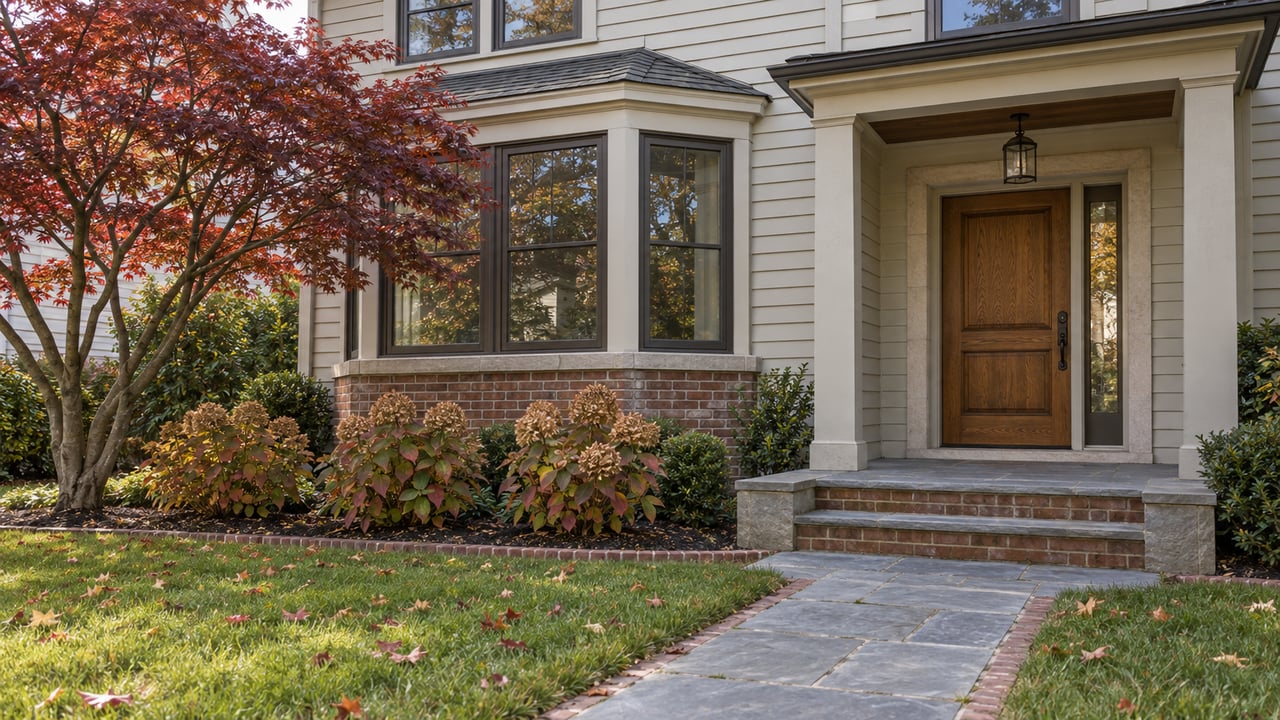 Autumn garden approach to a light-sided house with a brick bay window, oak front door, and bluestone steps.