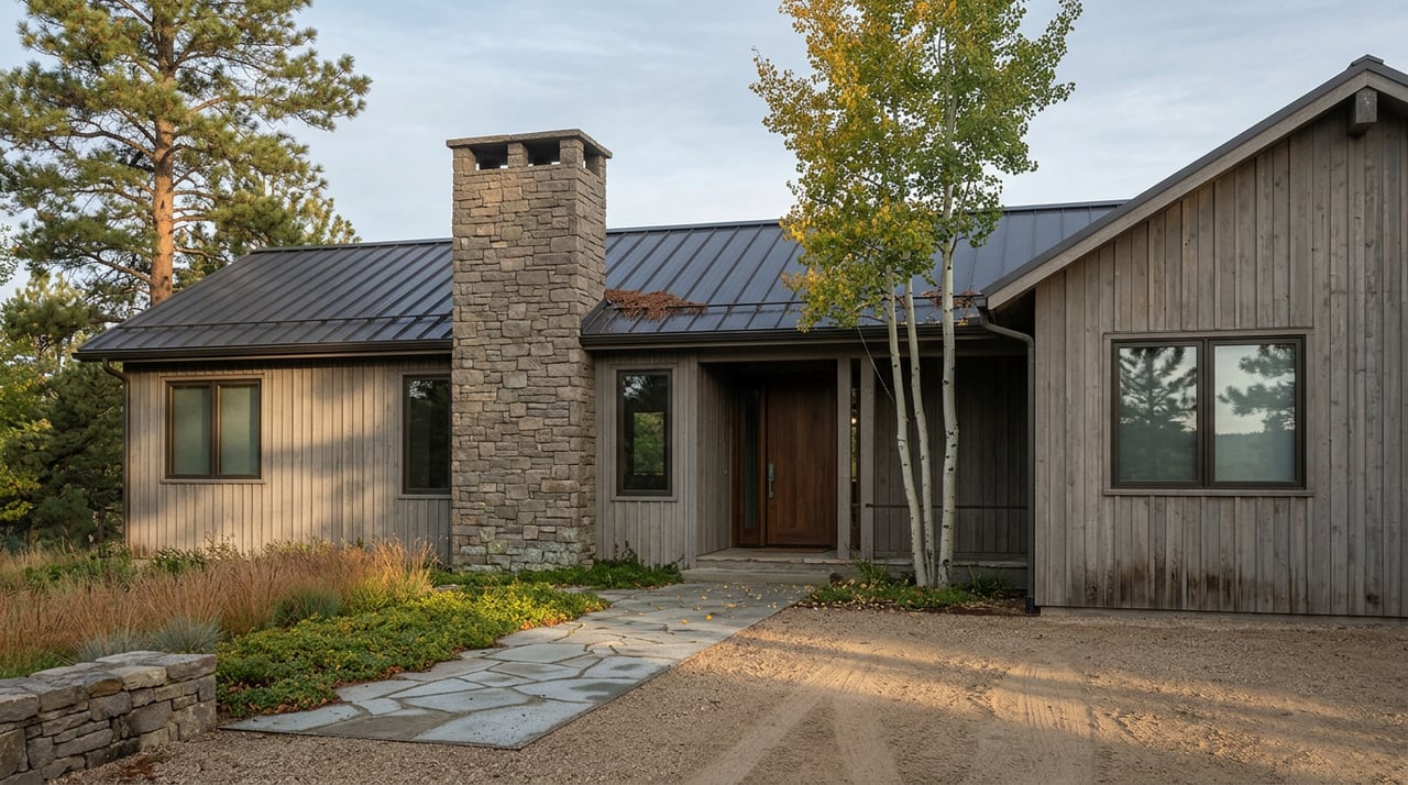 Mountain home with a stacked-stone chimney, weathered gray siding, and golden aspens beside its entry.