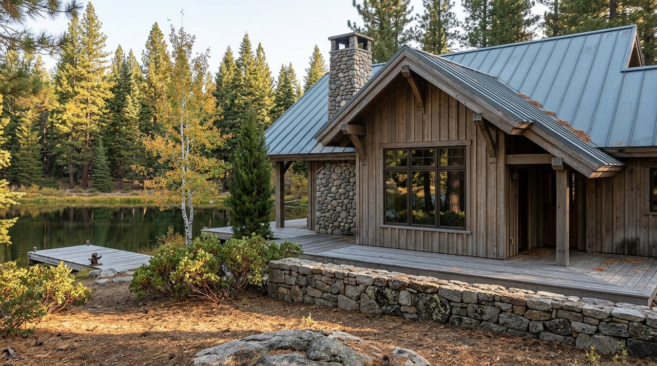 Chalet-style mountain home beside still water, with a stone chimney, timber deck, and golden aspen among pines.