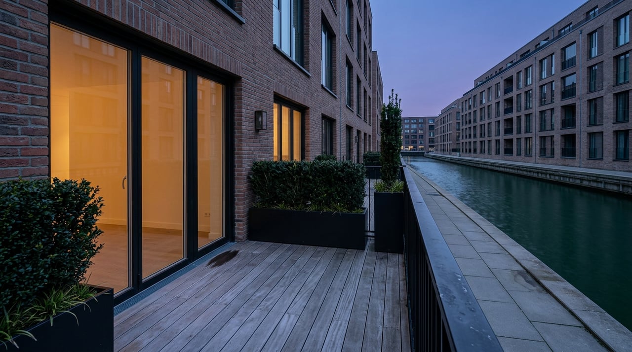 Brick building’s glass doors glow onto a wood terrace overlooking a still water channel and opposite facade.