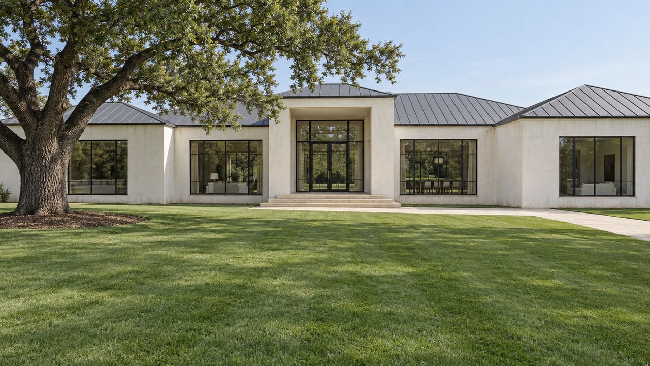 White plaster estate with dark metal roofing, steel-framed windows and limestone entry steps beyond a deep lawn and mature oak.