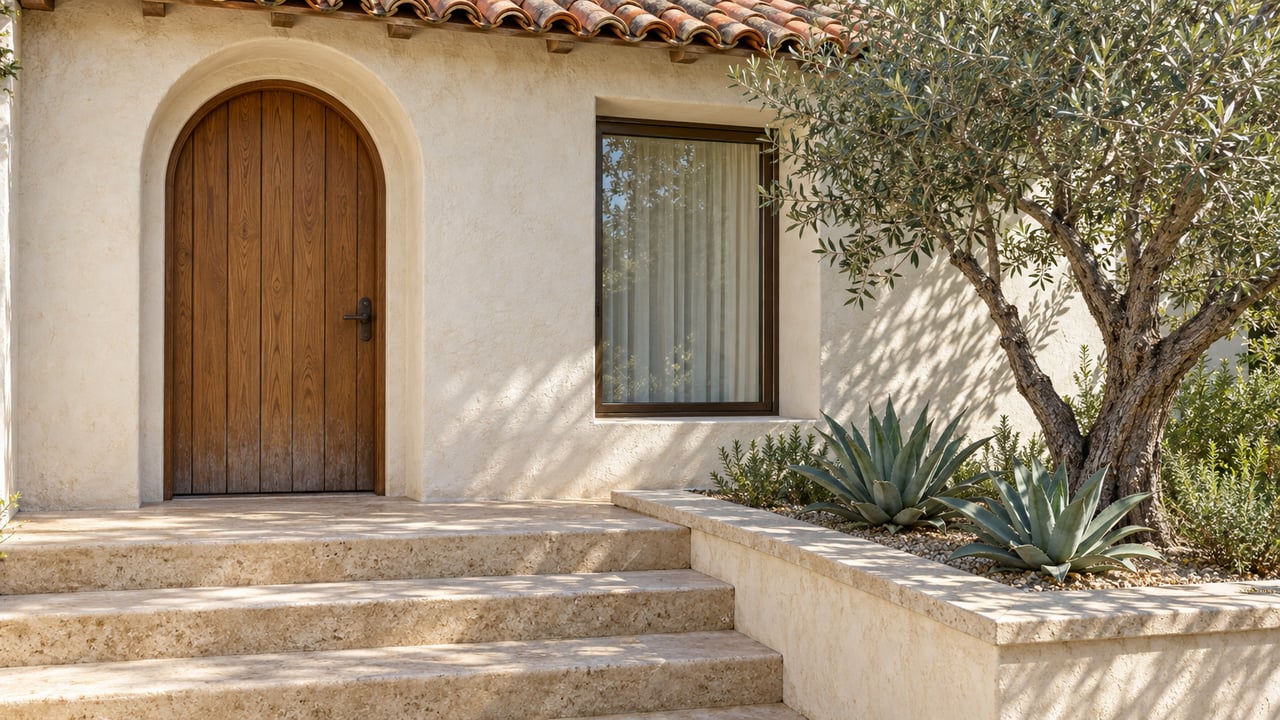 Sunlit stucco home entry with an arched oak door, clay-tile eave, limestone steps and a silver-leaved olive tree.