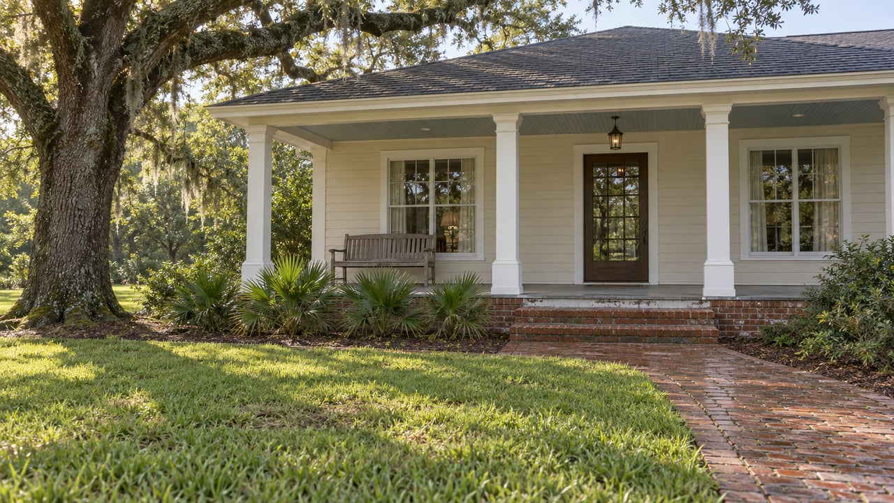 Cream-sided single-story home with a covered porch, brick approach, broad lawn, and spreading live oak after rain.