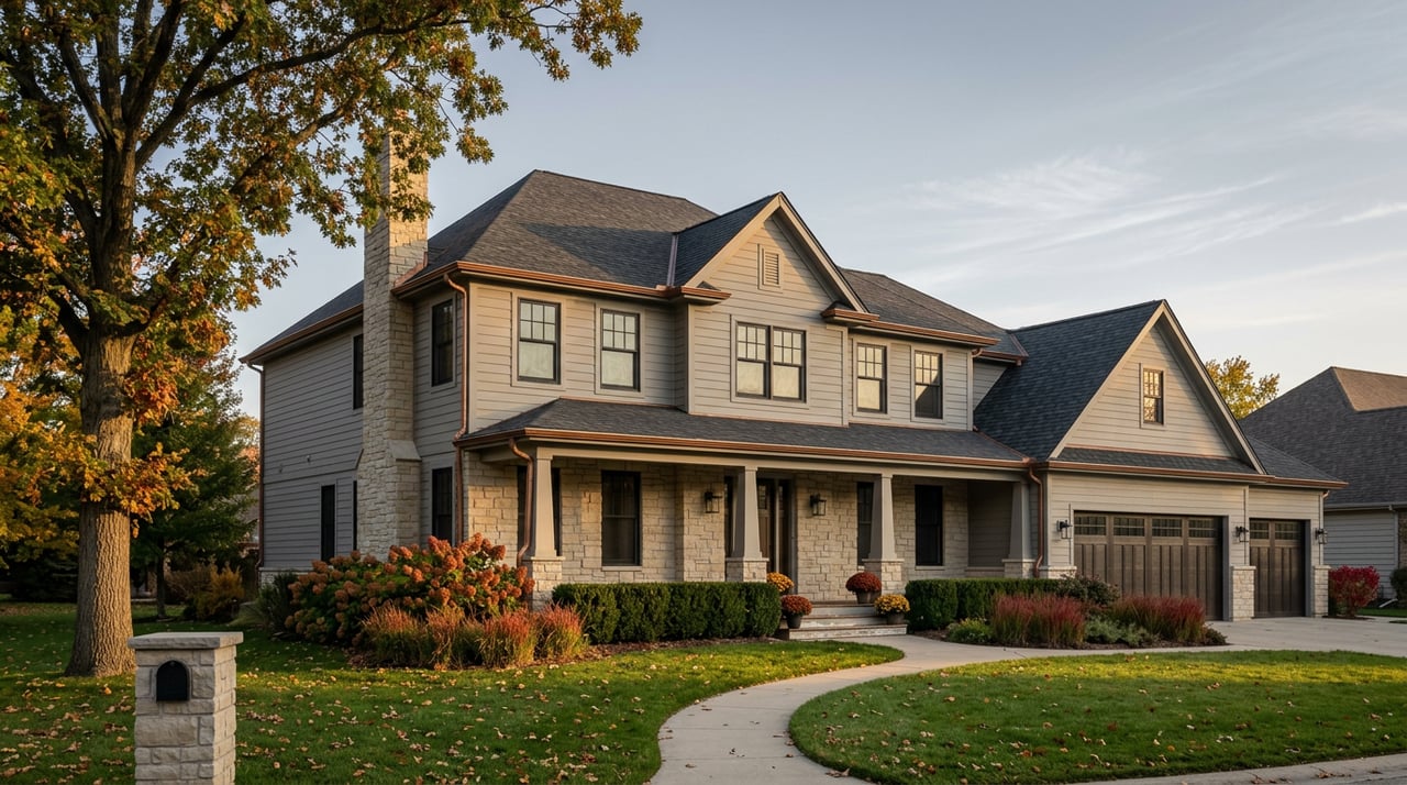 Two-story suburban home with limestone lower facade, gray siding, three-car garage, and oak in fall.