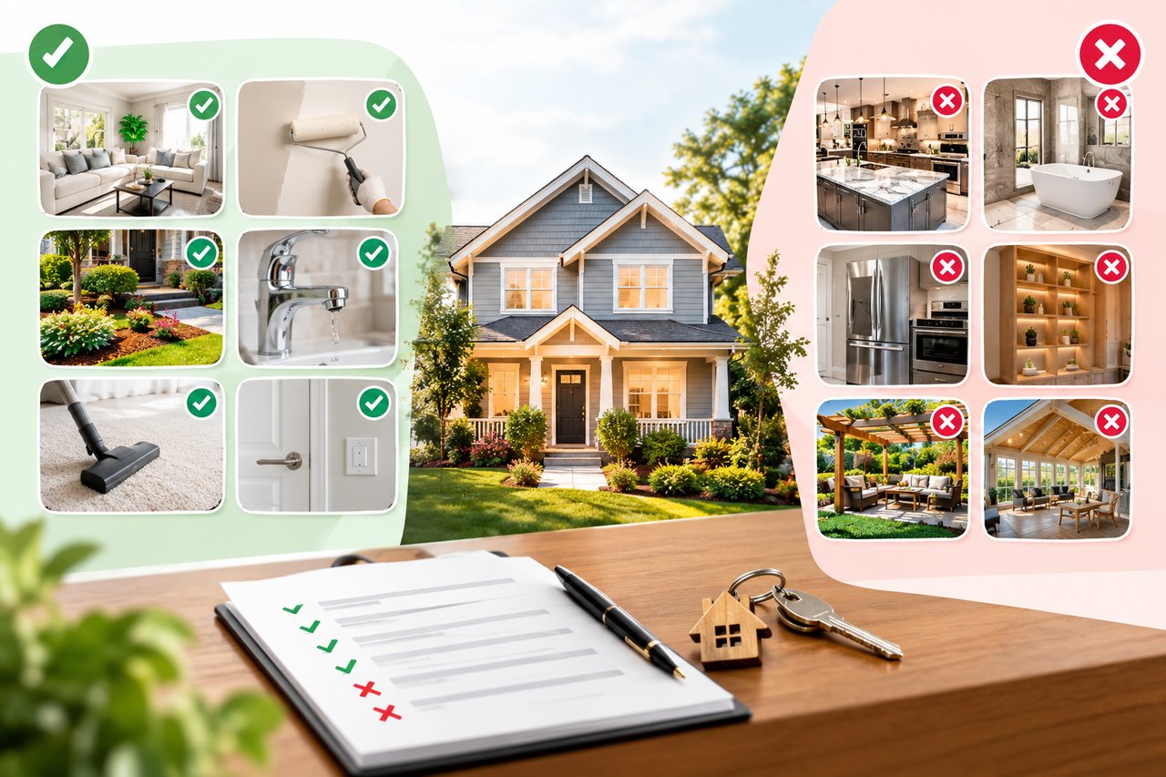 Real estate checklist graphic with a house, green checks for desirable features, and red X marks for others.
