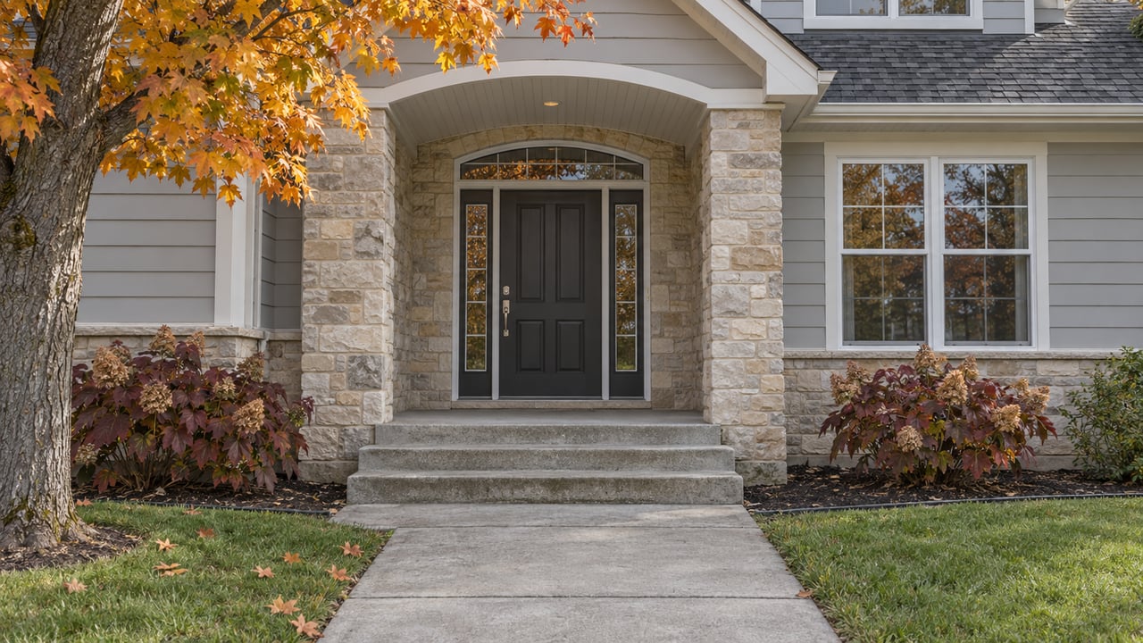 An autumn maple frames a limestone-and-light-siding home entry, with clear concrete steps and a green front lawn.