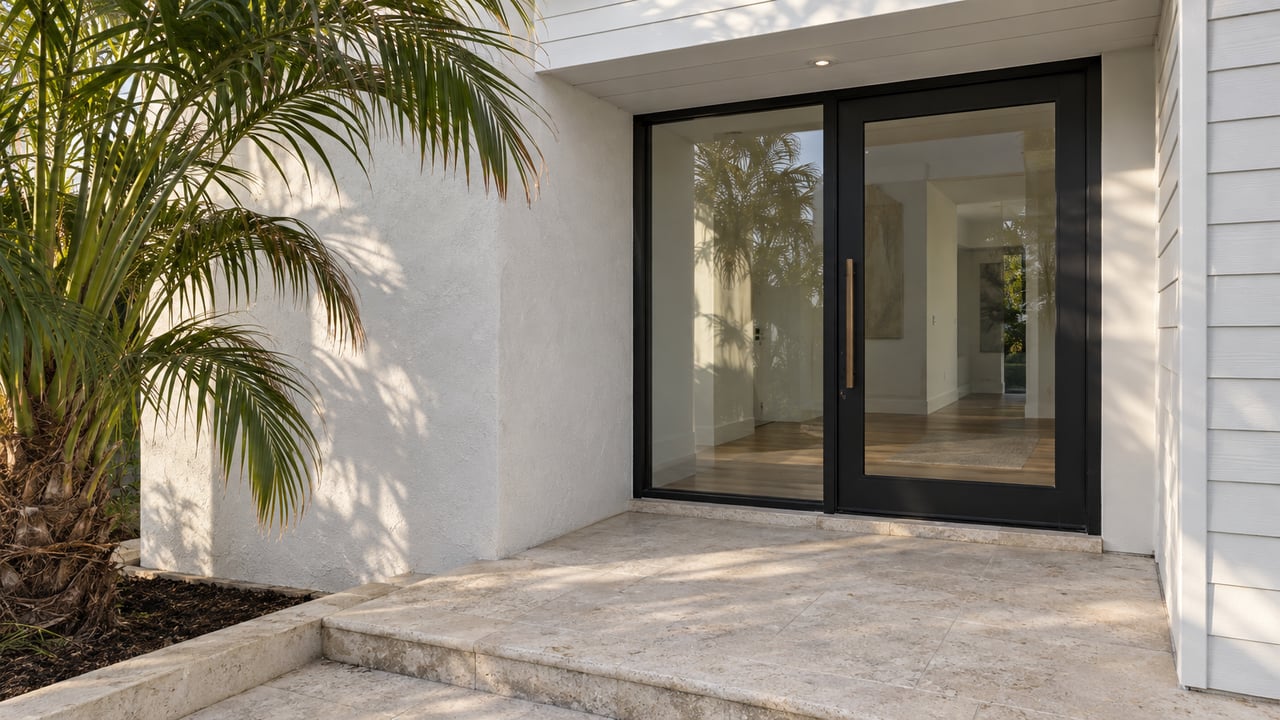 Sunlit white-sided and stucco home entrance with black-framed glazing, pale limestone steps and one arching kentia palm.