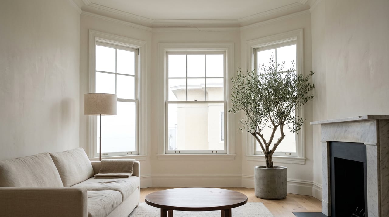 Cream linen sofa and walnut coffee table beside a three-pane bay window, olive tree, and marble fireplace.