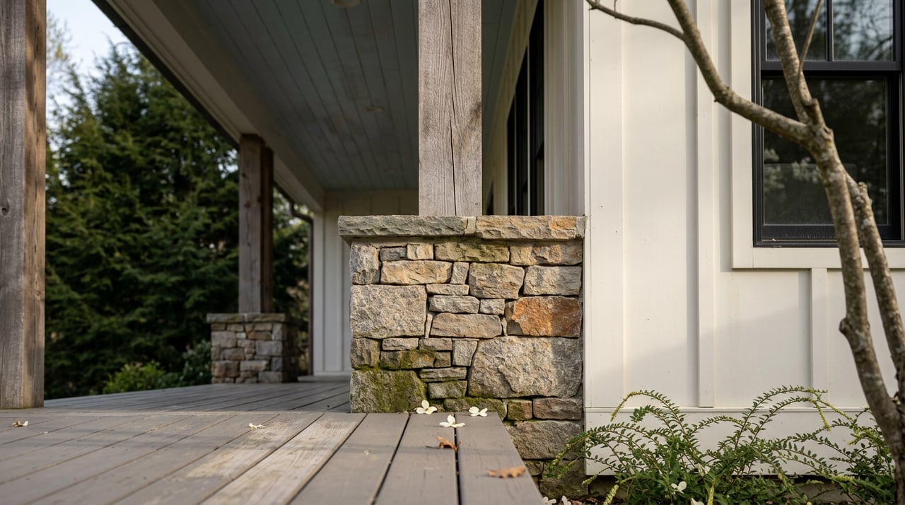 Stone pier meets a rough timber porch post beside a white board-and-batten wall, with fallen dogwood bracts on the floor.