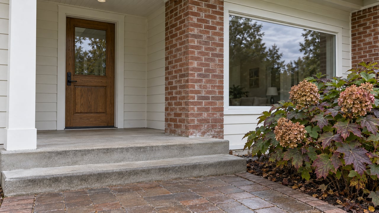 Close view of a brick and ivory clapboard home's oak front door, picture window and weathered paver approach beside oakleaf hydrangea.