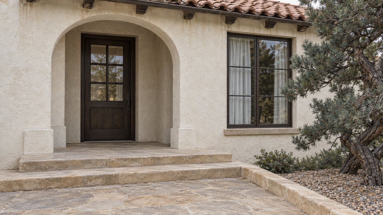 An established stucco home's arched entry, closed glazed wood door and sandstone steps beside a sculptural blue-gray pine.