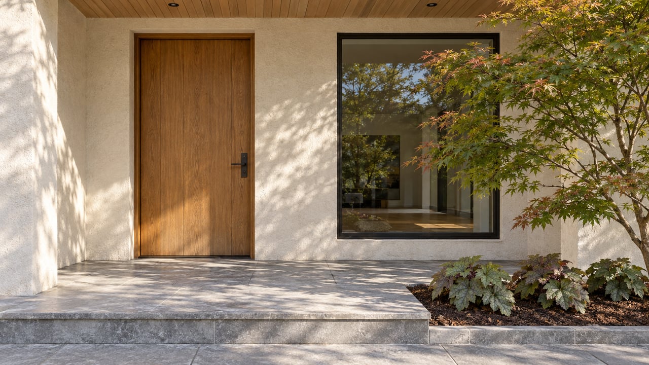 Sunlit oak front door and dark-framed window beside a Japanese maple, with limestone entry steps and warm white stucco.