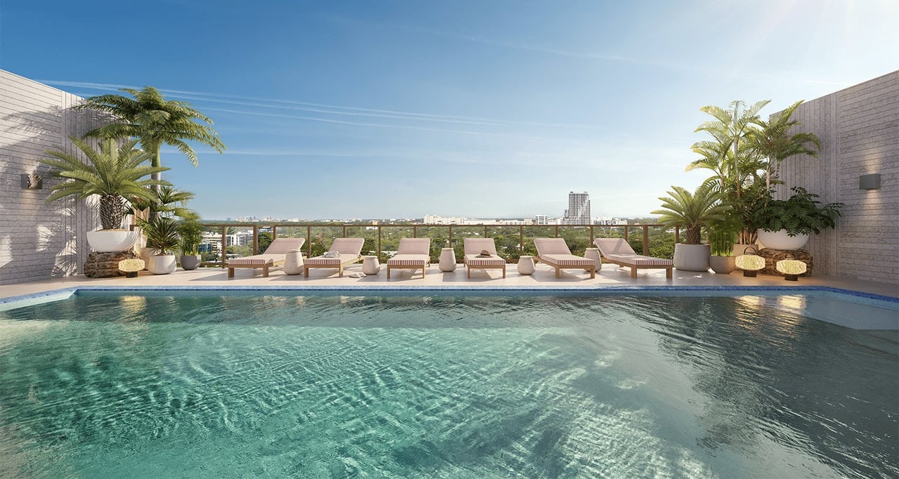 The Lincoln rooftop pool by day rendering in Coconut Grove, Miami.