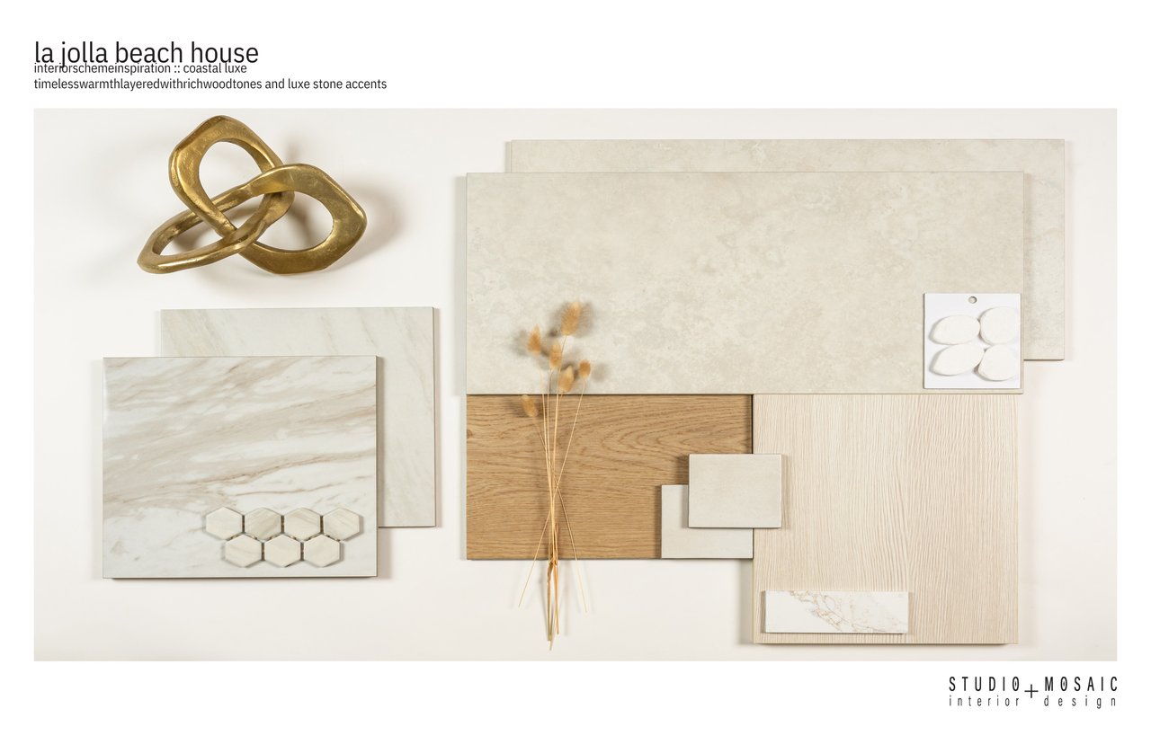 La Jolla Beach House coastal luxe mood board with marble, pale wood, hexagonal tiles, and a gold accent.